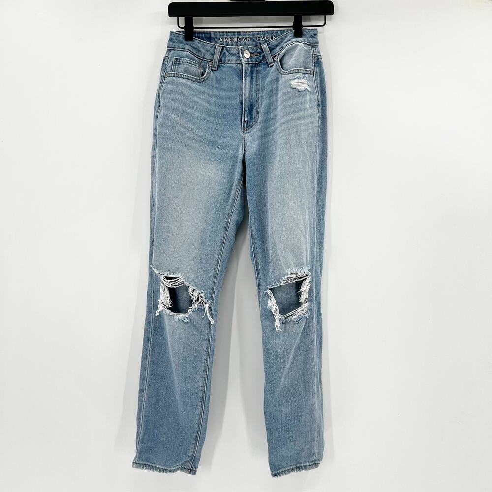 American Eagle Blue Distressed Mom Denim Jeans 0